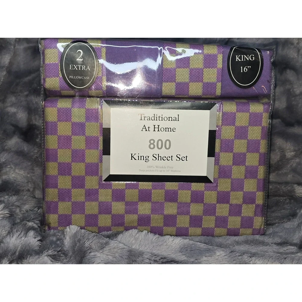 New Traditional At Home King 6 Piece Sheet Set  Purple‎ Gold Checkered